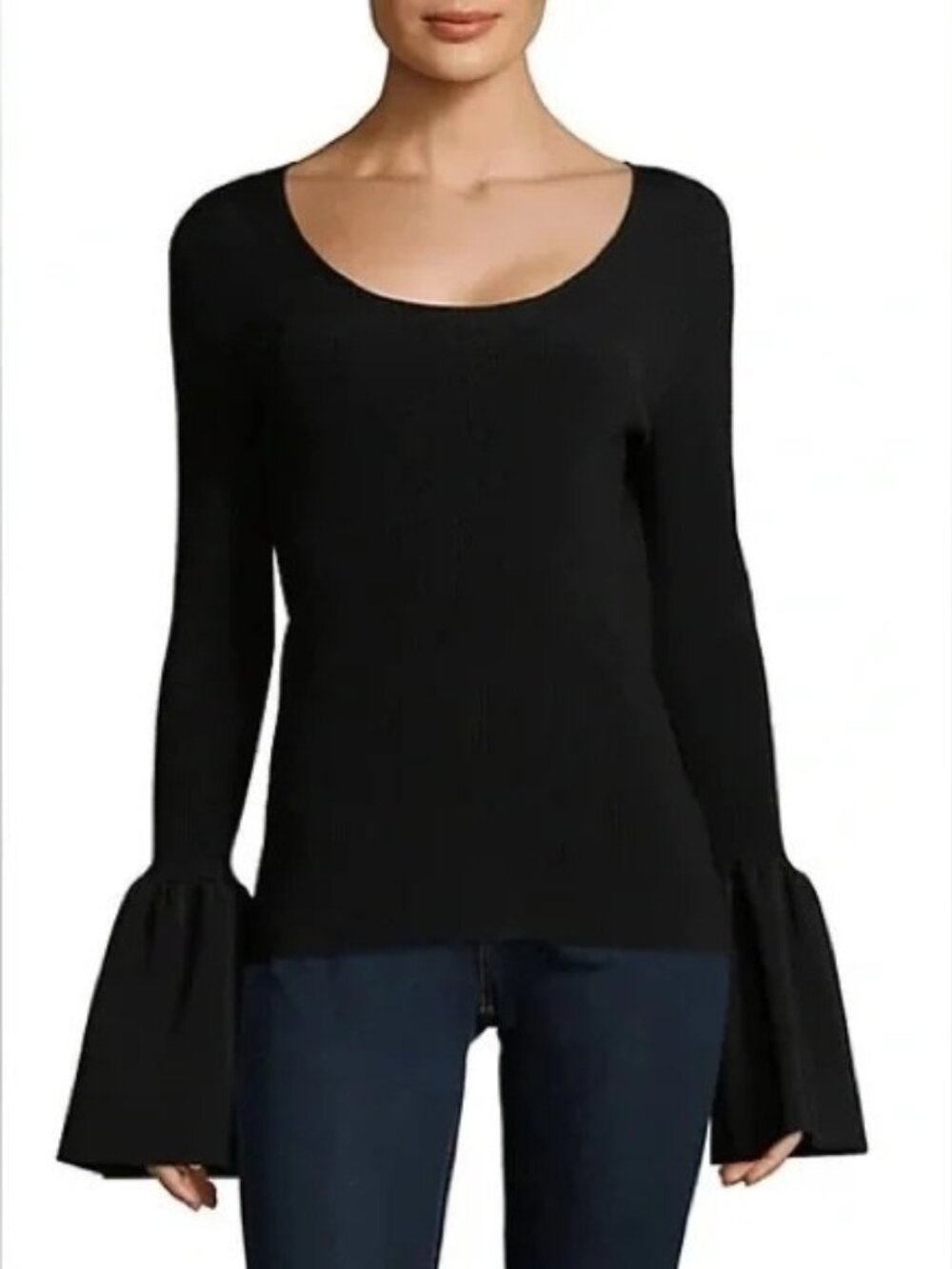 ELIZABETH AND JAMES Willow Ribbed Bell-Sleeve Top In Black - Sz M - New